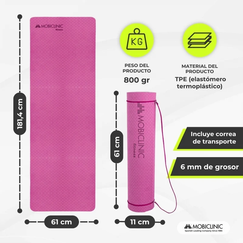 Yogamatte | Rutschfest | 181x61x0,6cm | Flexibel | TPE | Waschbar | Umweltfreundlich | Rosa |EY-01| Mobiclinic