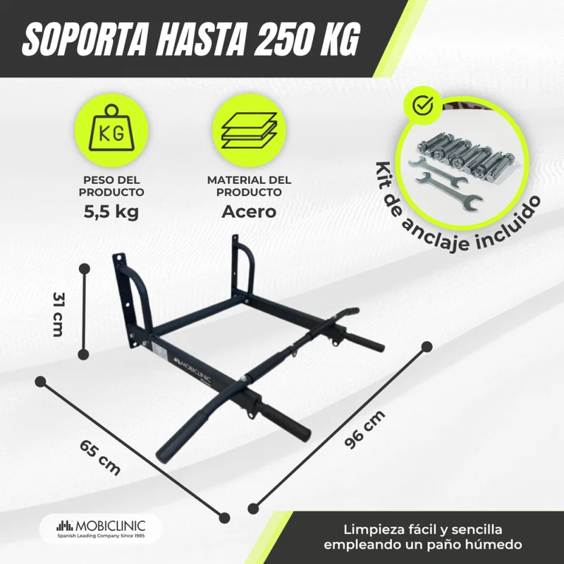 Klimmzugstange Wand | Mit Zubehöraufsätzen | Einschließlich Verankerungsset | Bis zu 250 kg | Modell: K2 | Mobiclinic