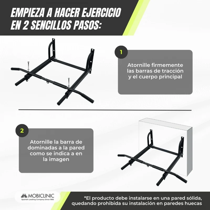 Klimmzugstange Wand | Mit Zubehöraufsätzen | Einschließlich Verankerungsset | Bis zu 250 kg | Modell: K2 | Mobiclinic