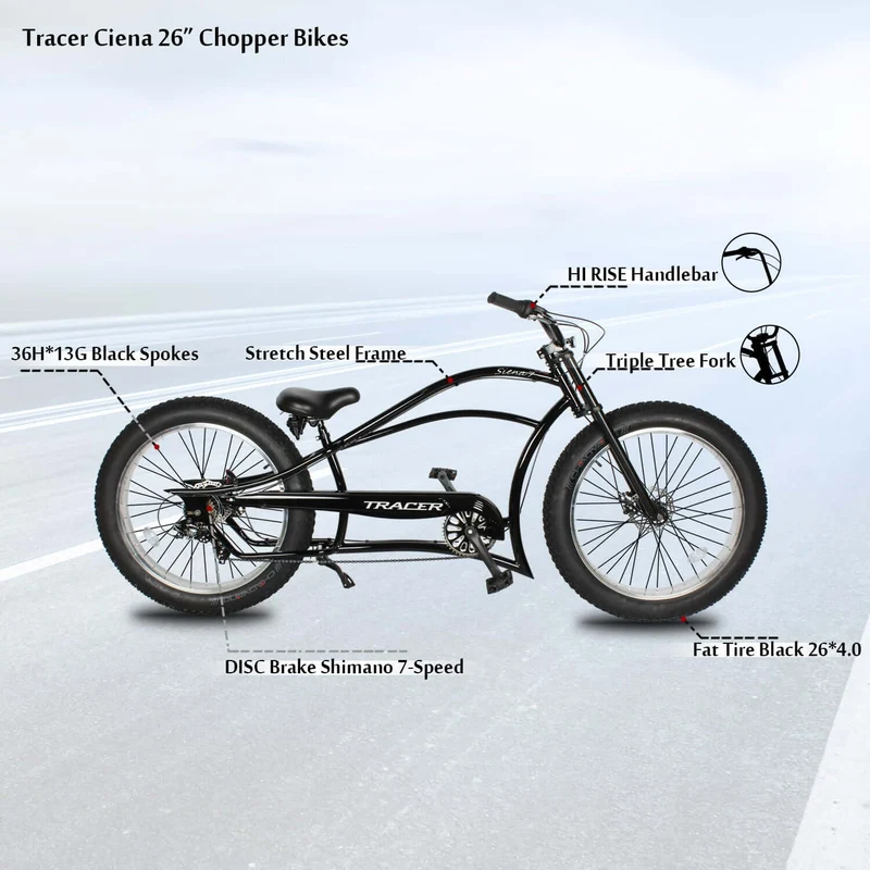 Tracer Siena 26'' Chopper Stretch Cruiser Fat Tire Bike Available 1 Speed/7 Speed