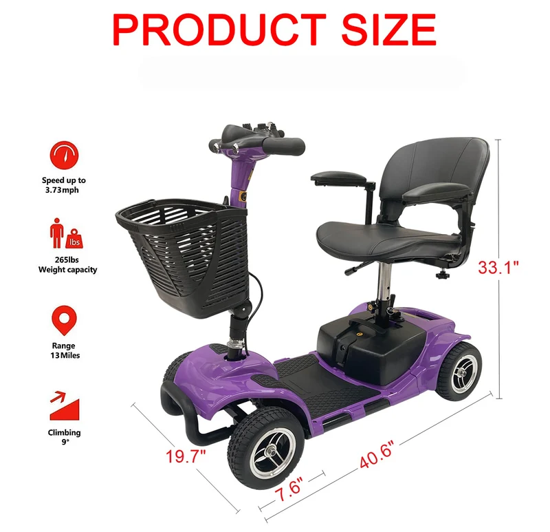Emotor Battery Powered 4 Wheel Mobility Scooter for Seniors-Electric Scooter with Seat for Adults- Heavy Duty Structure for All Terrain Indoor Outdoor (Purple)