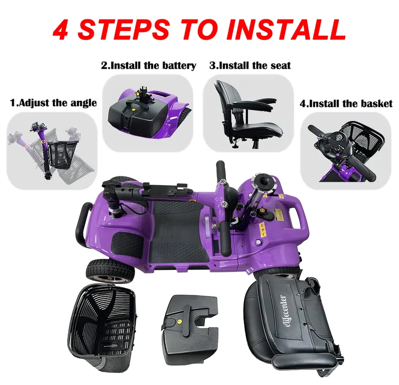 Emotor Battery Powered 4 Wheel Mobility Scooter for Seniors-Electric Scooter with Seat for Adults- Heavy Duty Structure for All Terrain Indoor Outdoor (Purple)
