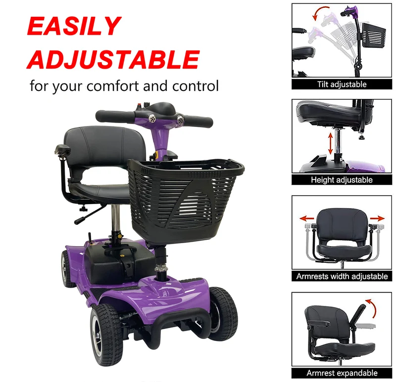 Emotor Battery Powered 4 Wheel Mobility Scooter for Seniors-Electric Scooter with Seat for Adults- Heavy Duty Structure for All Terrain Indoor Outdoor (Purple)