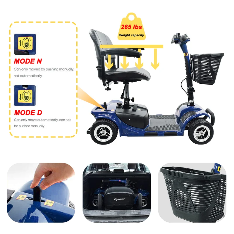 Elifecenter 4 Wheel Mobility Scooter for Senior, 265lbs Weight Capacity Stable 3.73 mph Adults Scooter, Battery-Powered 5 Pieces Foldable for Indoor Outdoor