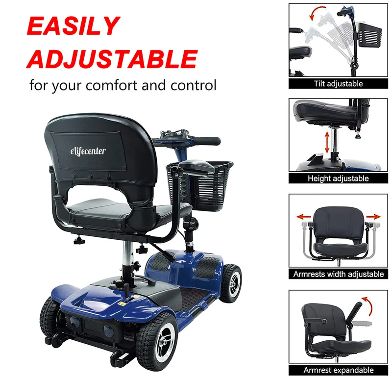 Elifecenter 4 Wheel Mobility Scooter for Senior, 265lbs Weight Capacity Stable 3.73 mph Adults Scooter, Battery-Powered 5 Pieces Foldable for Indoor Outdoor