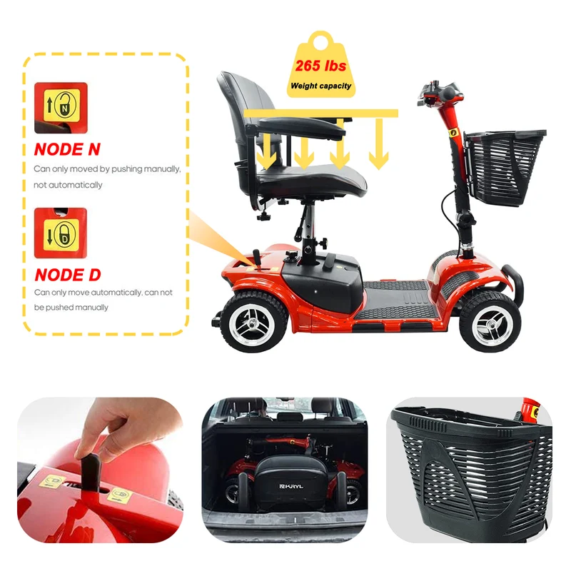 Elifecenter Folding 4 Wheel Mobility Scooter for Adults Seniors, Weight Capacity 265lbs Stable Scooter 13 Miles Long Travel Range, Foldable Electric Drive Device with Headlights for Trip
