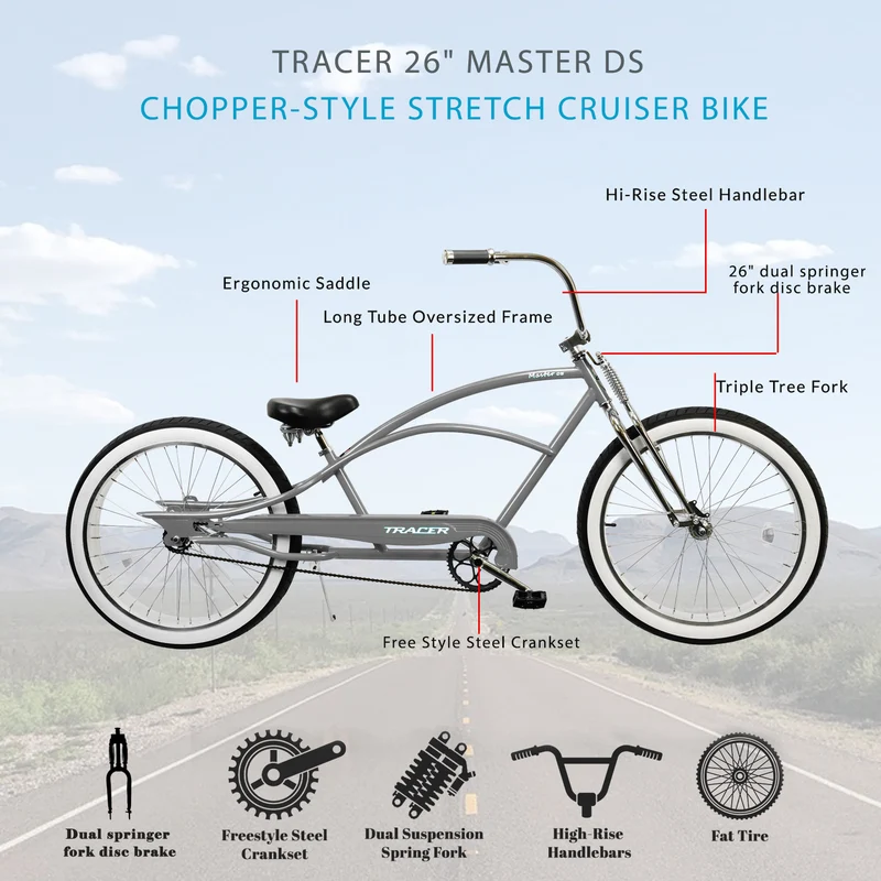 Tracer Master DS 26" Dual Springer Chopper Stretch Beach Cruiser Bike