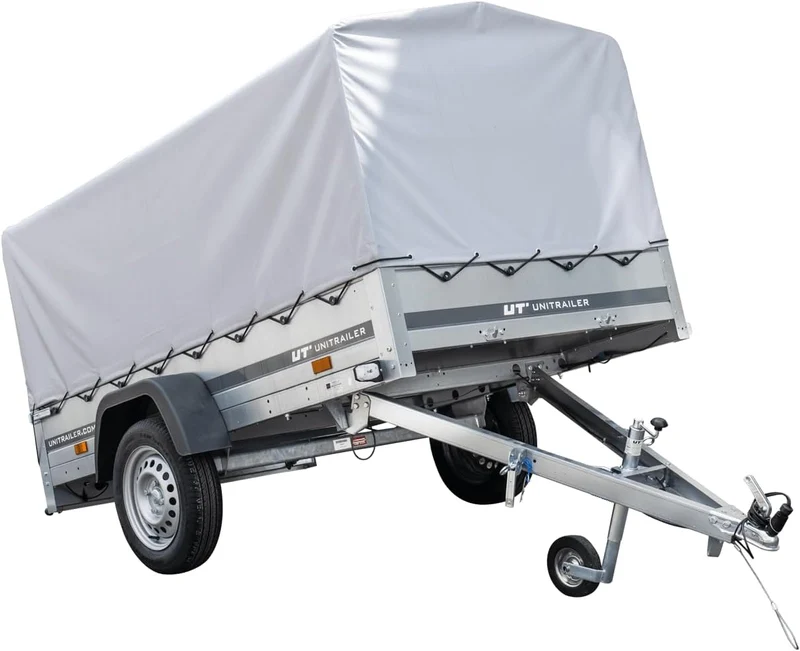 UNITRAILER Trailer Car 230 x 125 cm Garden Trailer 230 Tilting Unitrailer 750 kg with Jockey Wheel, Tarpaulin and High Arrow