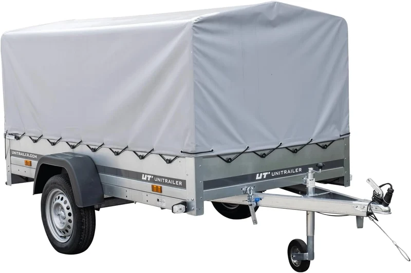 UNITRAILER Trailer Car 230 x 125 cm Garden Trailer 230 Tilting Unitrailer 750 kg with Jockey Wheel, Tarpaulin and High Arrow
