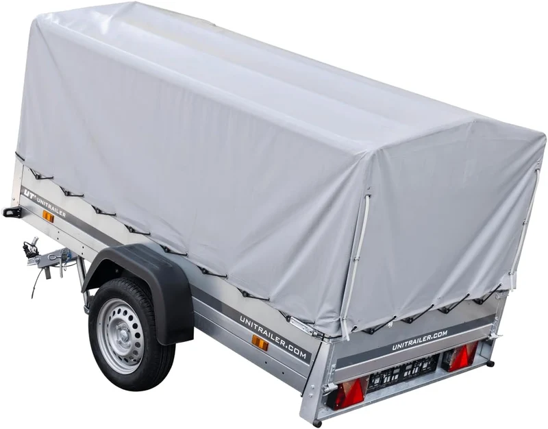 UNITRAILER Trailer Car 230 x 125 cm Garden Trailer 230 Tilting Unitrailer 750 kg with Jockey Wheel, Tarpaulin and High Arrow