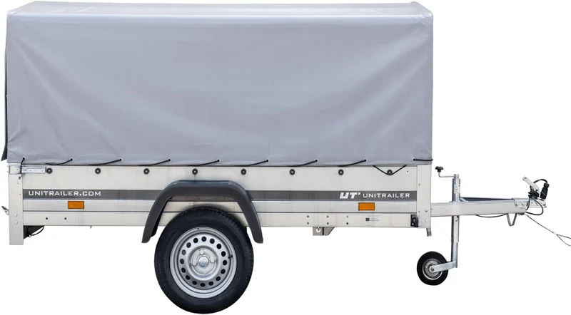 UNITRAILER Trailer Car 230 x 125 cm Garden Trailer 230 Tilting Unitrailer 750 kg with Jockey Wheel, Tarpaulin and High Arrow