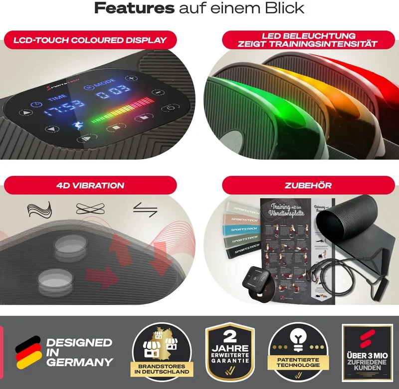 Sportstech VP400: 4D Vibrationsplatte mit Smart‑LED und Trainingsbändern