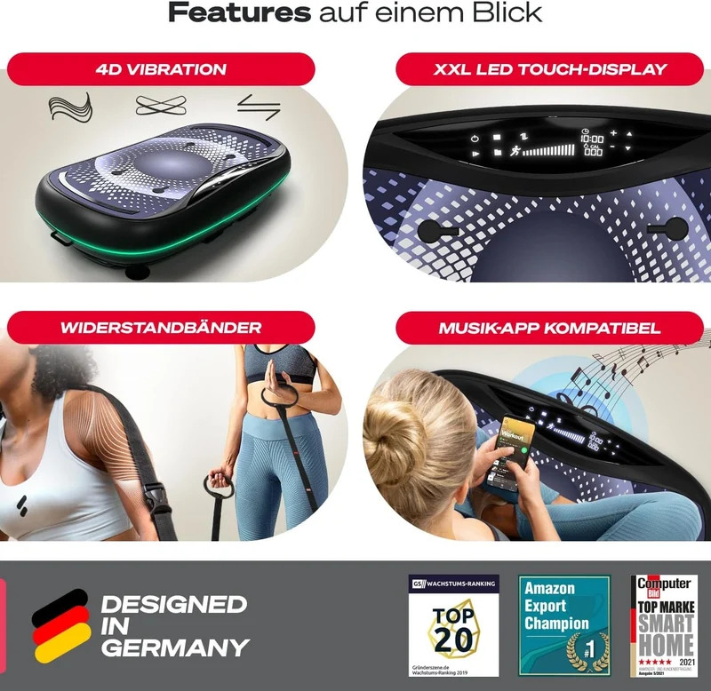 Sportstech 4D Vibrationsplatte: Smart LED, Bluetooth, Fitness & Yoga