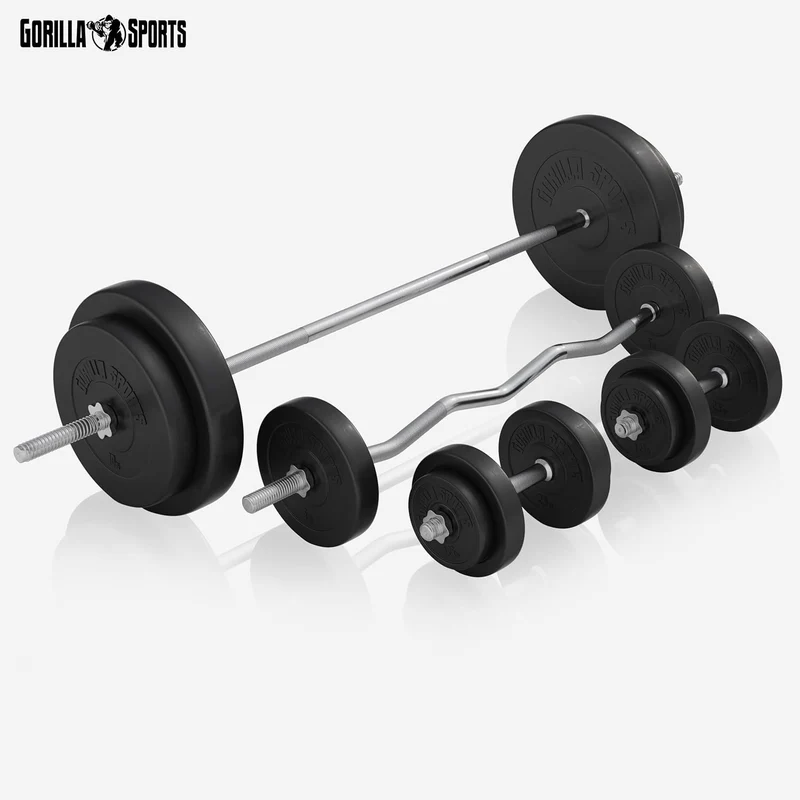 Gorilla Sports Hantelbank mit Gewichten, 170 cm Stange und Hantelset