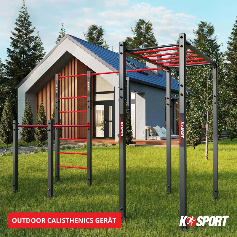 K-Sport Calisthenics Turnstange: Wetterfeste Garten-Kraftstation mit Hangelleiter