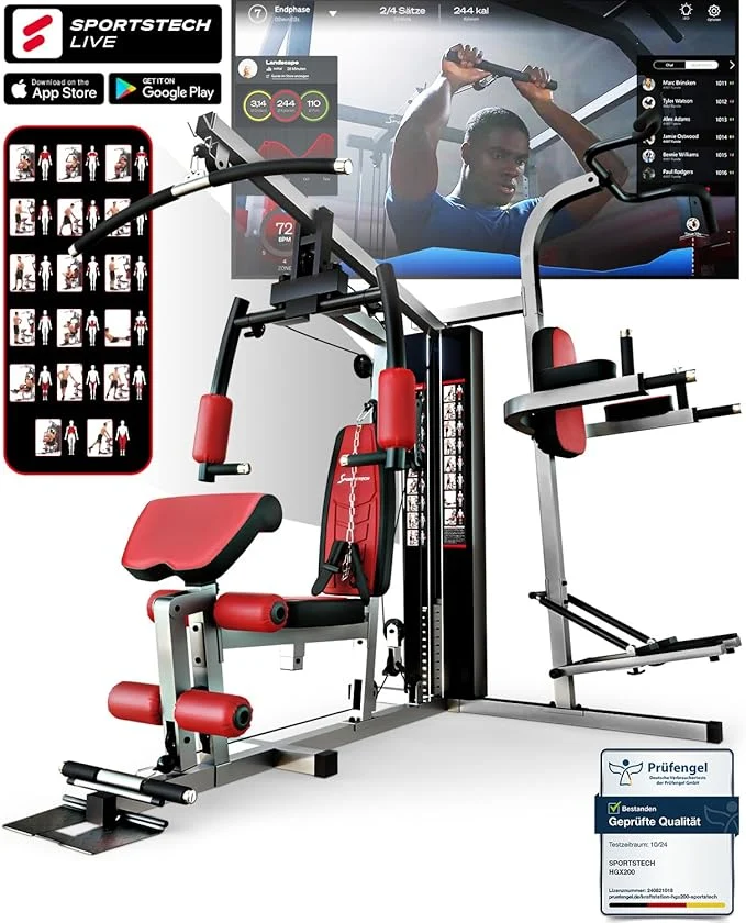 Sportstech HGX200: Multifunktions-Kraftstation mit Stepper, Beinpresse & Powertower